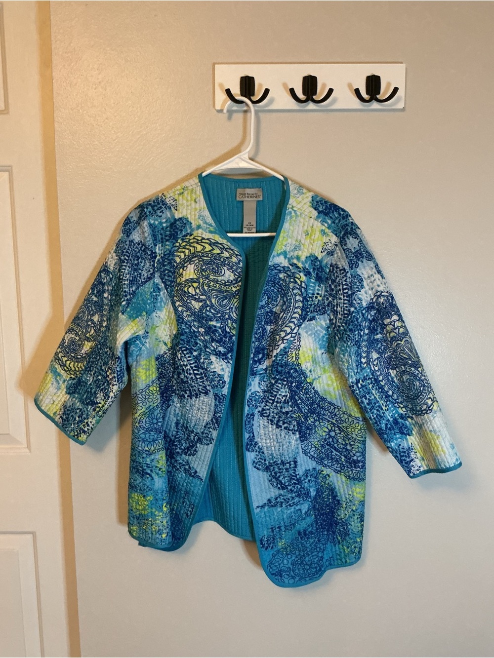 Maggie Barnes by Catherines Teal Blue Multi-Print Open Front Jacket